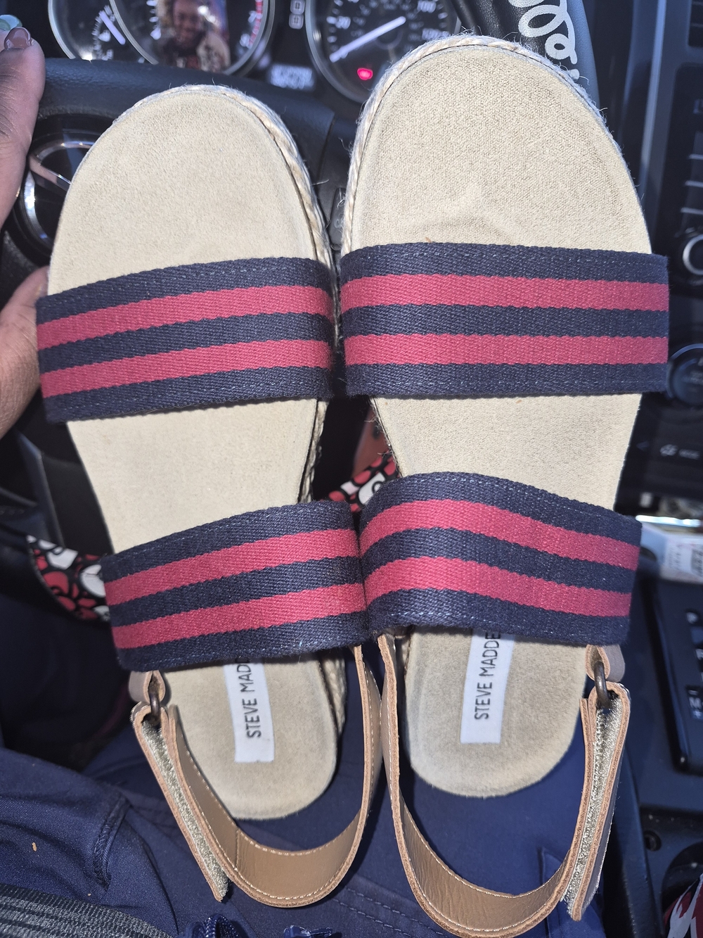 Steve Madden Women Sandal in Beige with Navy & Red Stripes